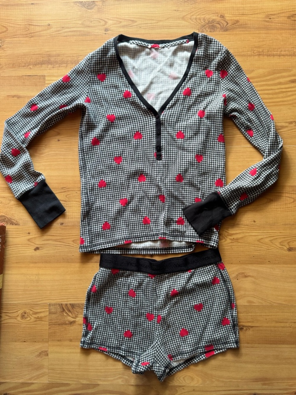 Victoria's Secret Black & White Houndstooth Pajama Set with Red Heart Print